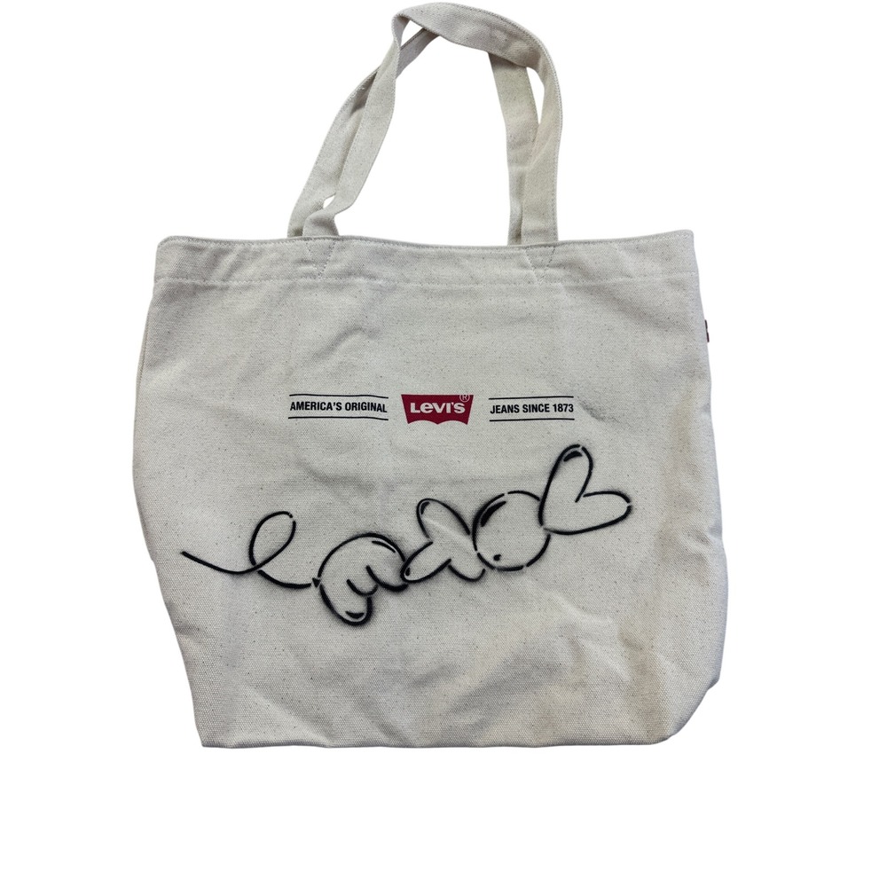Levis 501 Original Canvas Tote Bag Cream Cotton Shopper Graphic Red Batwing Logo
